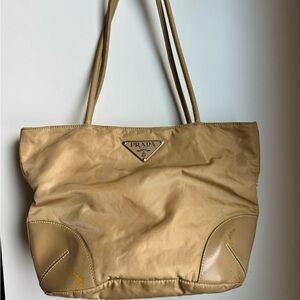 Prada tan Tessuto Nylon shoulder bag with leather corners with dust bag
